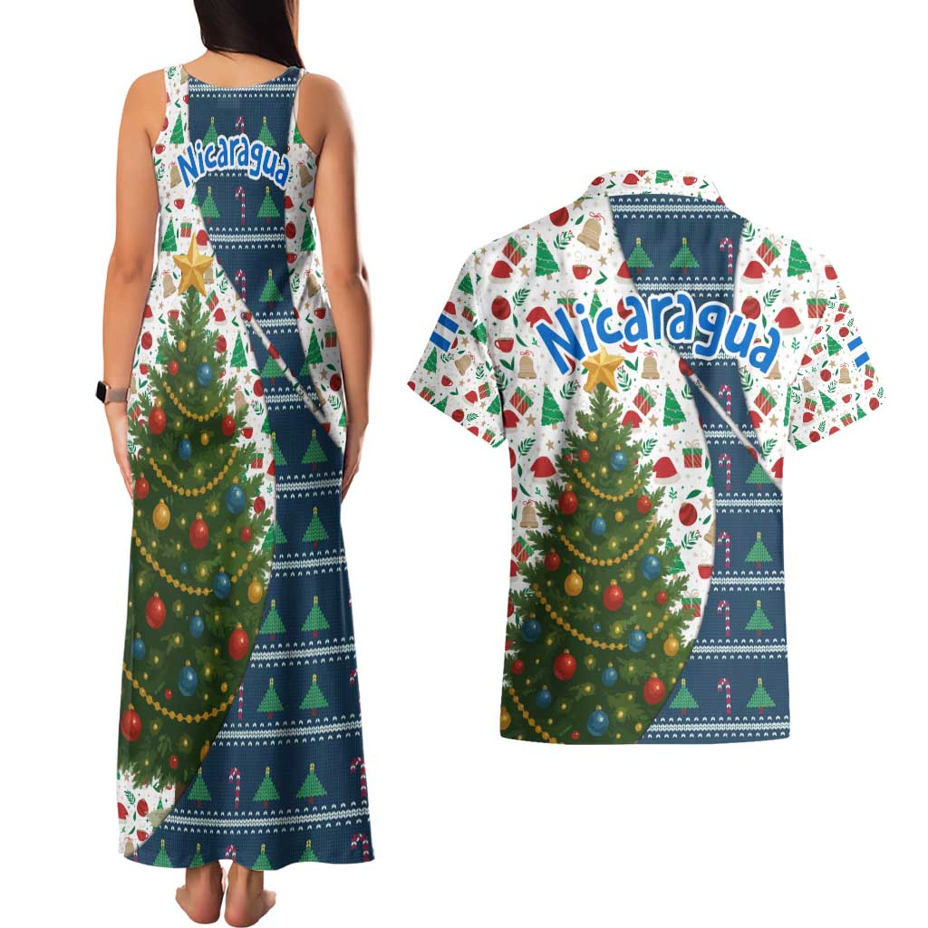 Nicaragua Christmas Couples Matching Tank Maxi Dress and Hawaiian Shirt with Santa Cooking Gallina Rellena Tree Flag and Festive Icons Design - Wonder Print Shop