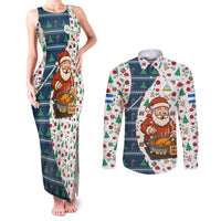 Nicaragua Christmas Couples Matching Tank Maxi Dress and Long Sleeve Button Shirt with Santa Cooking Gallina Rellena Tree Flag and Festive Icons Design - Wonder Print Shop