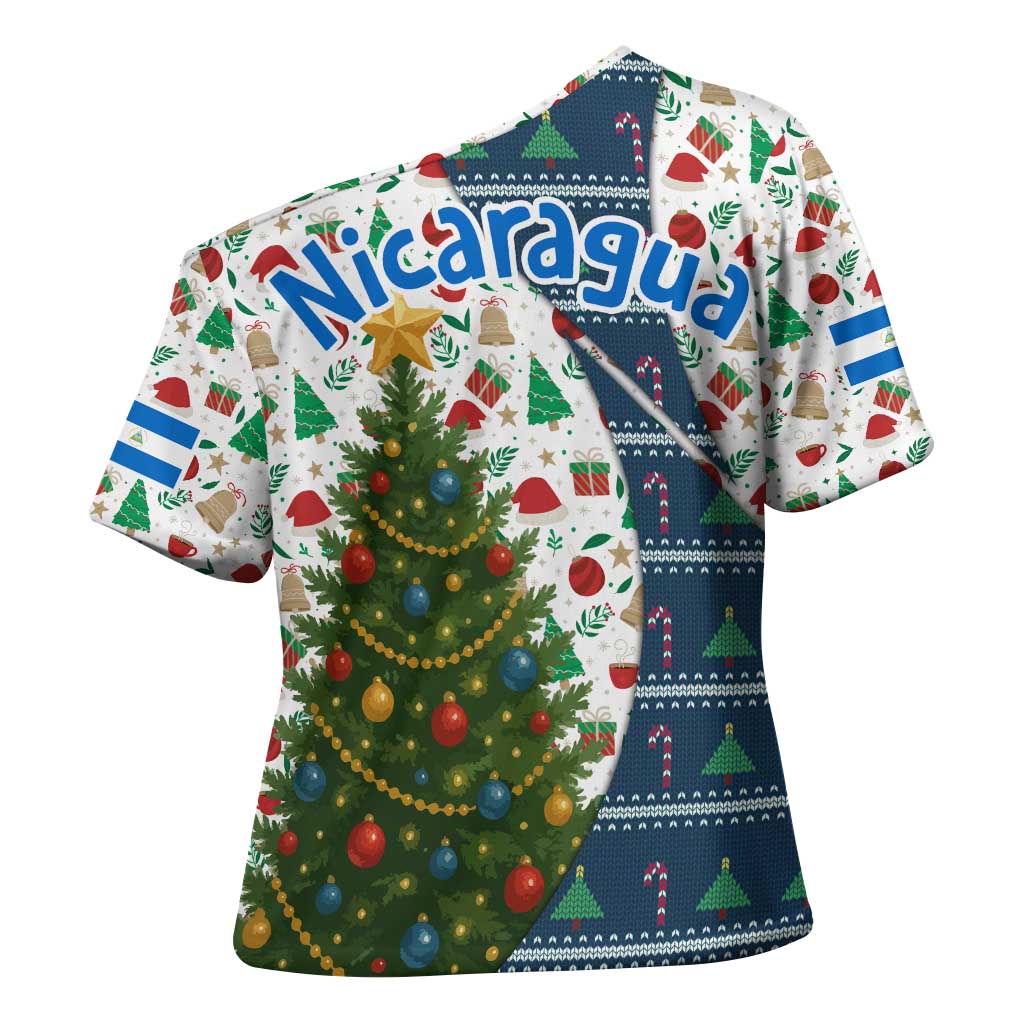 Nicaragua Christmas Cross Shoulder Shirt with Santa Cooking Gallina Rellena Tree Flag and Festive Icons Design - Wonder Print Shop