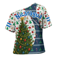Nicaragua Christmas Cross Shoulder Shirt with Santa Cooking Gallina Rellena Tree Flag and Festive Icons Design - Wonder Print Shop