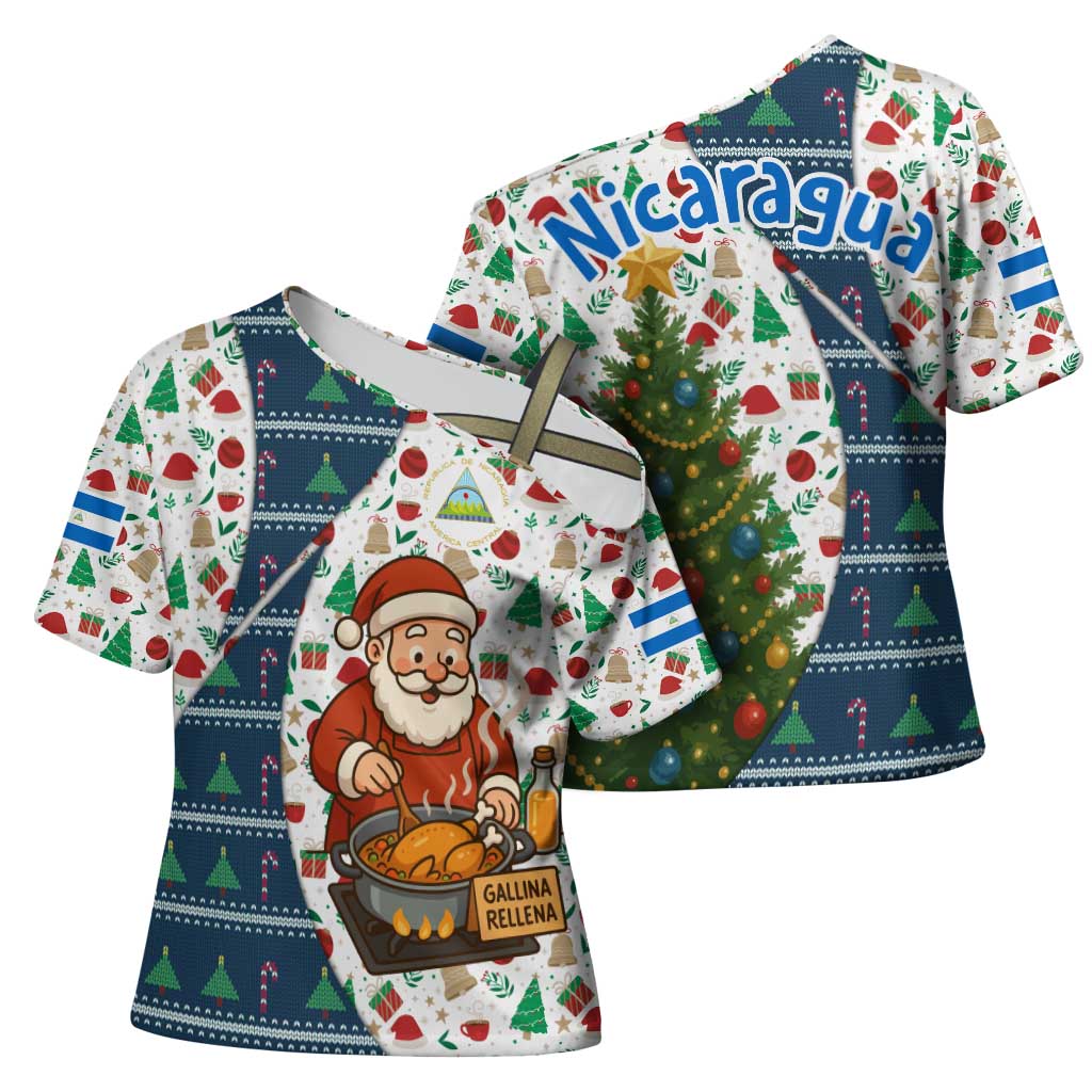 Nicaragua Christmas Cross Shoulder Shirt with Santa Cooking Gallina Rellena Tree Flag and Festive Icons Design - Wonder Print Shop