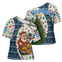 Nicaragua Christmas Cross Shoulder Shirt with Santa Cooking Gallina Rellena Tree Flag and Festive Icons Design - Wonder Print Shop