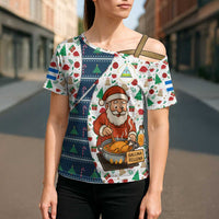 Nicaragua Christmas Cross Shoulder Shirt with Santa Cooking Gallina Rellena Tree Flag and Festive Icons Design - Wonder Print Shop