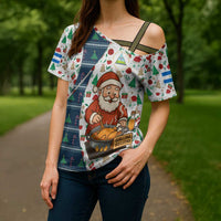 Nicaragua Christmas Cross Shoulder Shirt with Santa Cooking Gallina Rellena Tree Flag and Festive Icons Design - Wonder Print Shop