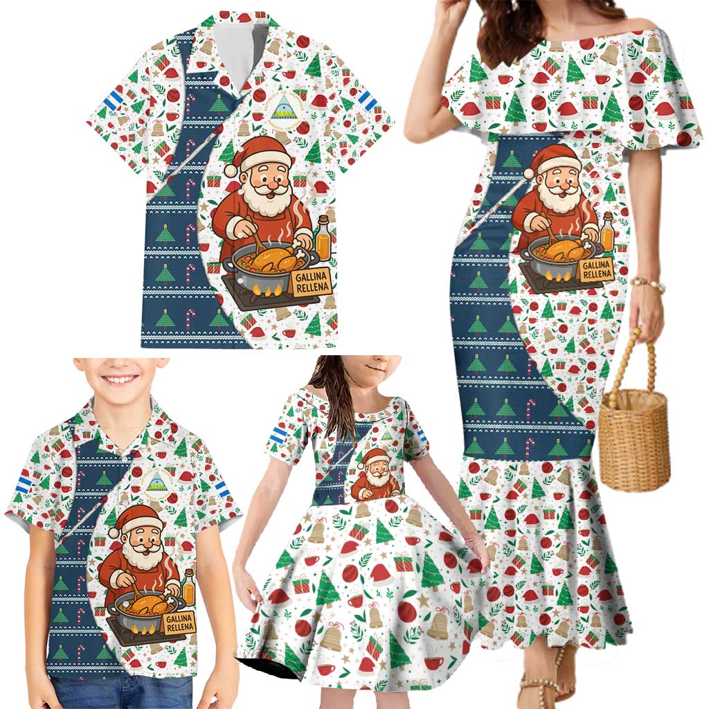 Nicaragua Christmas Family Matching Mermaid Dress and Hawaiian Shirt with Santa Cooking Gallina Rellena Tree Flag and Festive Icons Design - Wonder Print Shop