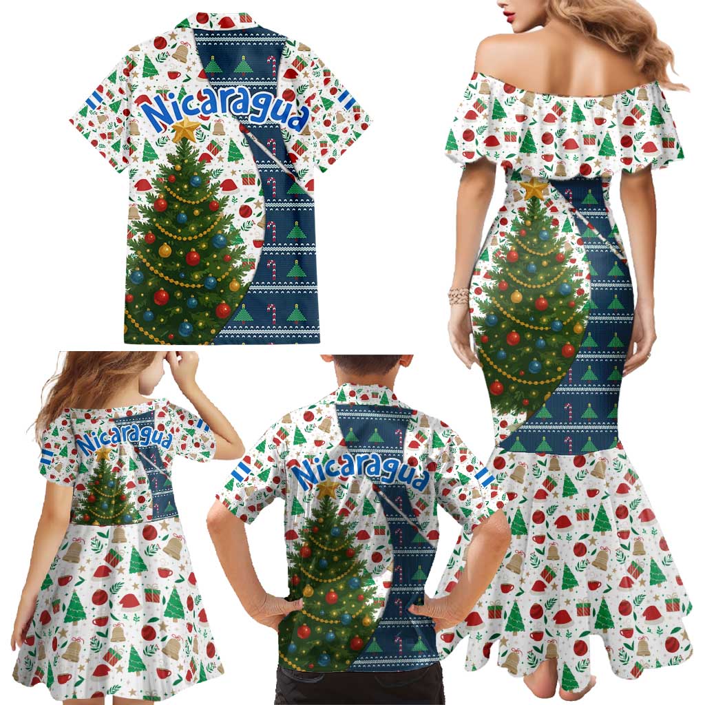 Nicaragua Christmas Family Matching Mermaid Dress and Hawaiian Shirt with Santa Cooking Gallina Rellena Tree Flag and Festive Icons Design - Wonder Print Shop