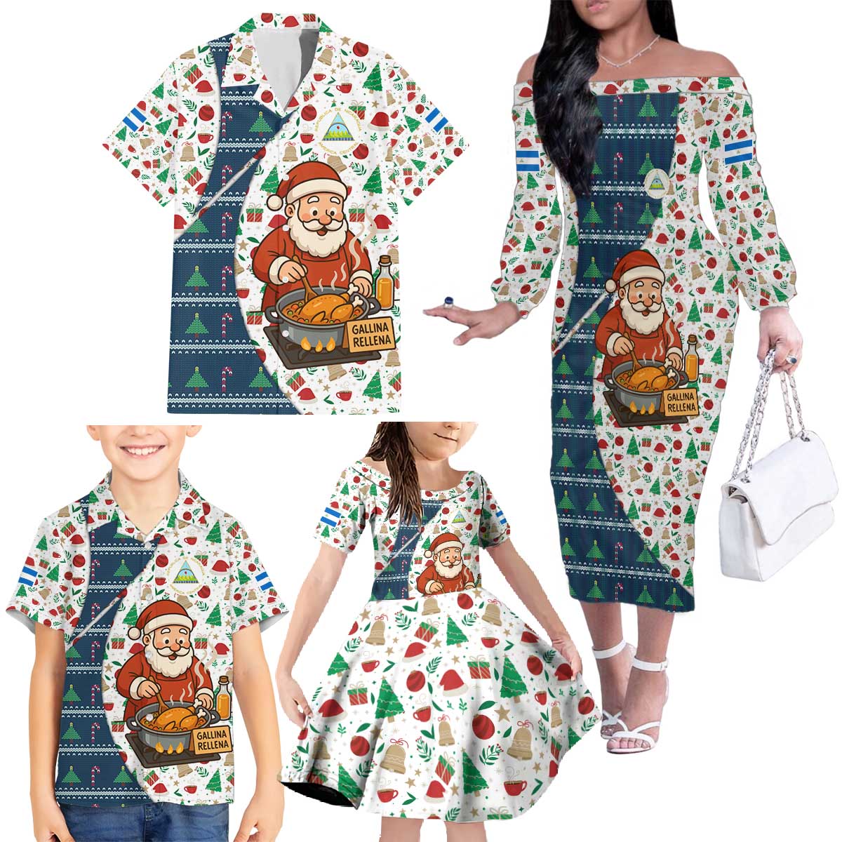 Nicaragua Christmas Family Matching Off The Shoulder Long Sleeve Dress and Hawaiian Shirt with Santa Cooking Gallina Rellena Tree Flag and Festive Icons Design - Wonder Print Shop