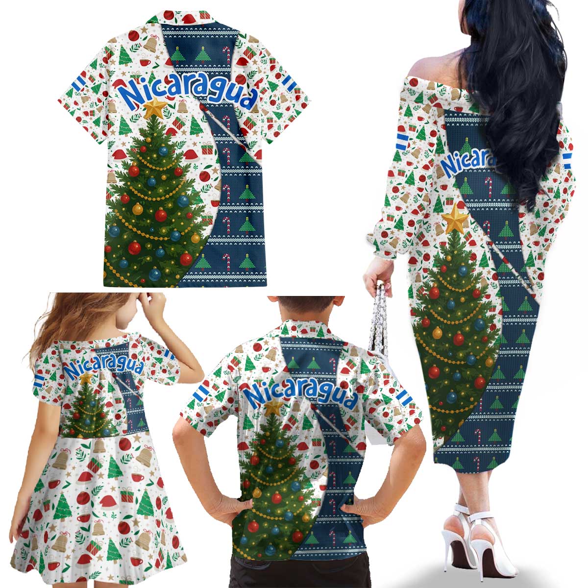 Nicaragua Christmas Family Matching Off The Shoulder Long Sleeve Dress and Hawaiian Shirt with Santa Cooking Gallina Rellena Tree Flag and Festive Icons Design - Wonder Print Shop