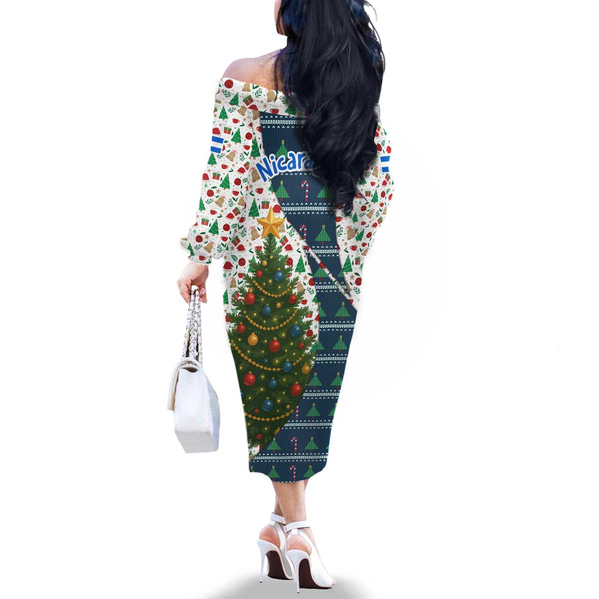 Nicaragua Christmas Family Matching Off The Shoulder Long Sleeve Dress and Hawaiian Shirt with Santa Cooking Gallina Rellena Tree Flag and Festive Icons Design - Wonder Print Shop