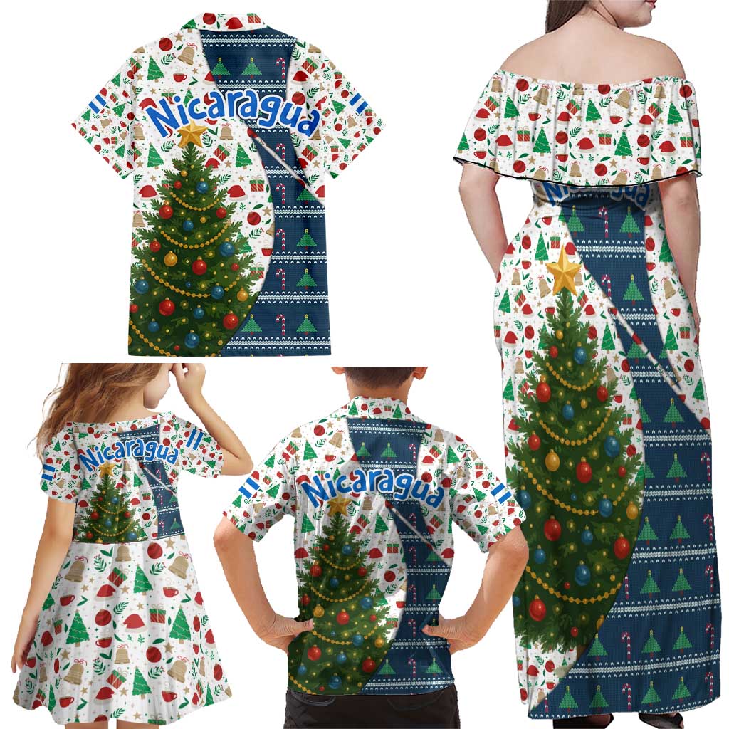 Nicaragua Christmas Family Matching Off Shoulder Maxi Dress and Hawaiian Shirt with Santa Cooking Gallina Rellena Tree Flag and Festive Icons Design - Wonder Print Shop