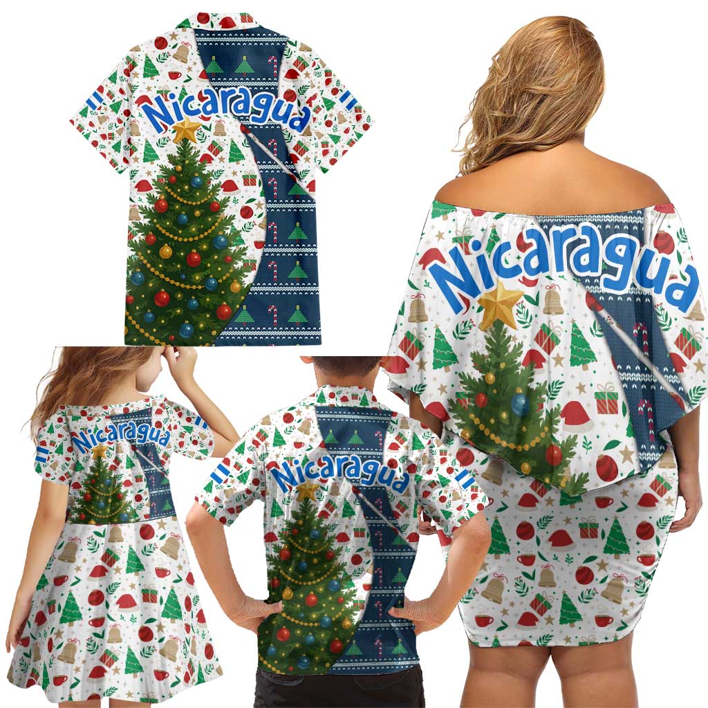 Nicaragua Christmas Family Matching Off Shoulder Short Dress and Hawaiian Shirt with Santa Cooking Gallina Rellena Tree Flag and Festive Icons Design - Wonder Print Shop