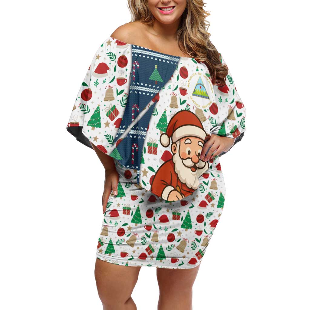Nicaragua Christmas Family Matching Off Shoulder Short Dress and Hawaiian Shirt with Santa Cooking Gallina Rellena Tree Flag and Festive Icons Design - Wonder Print Shop