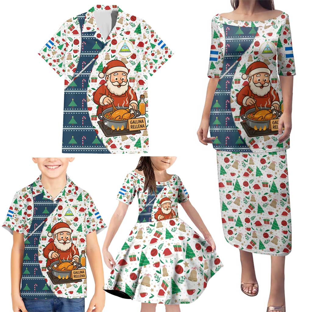 Nicaragua Christmas Family Matching Puletasi and Hawaiian Shirt with Santa Cooking Gallina Rellena Tree Flag and Festive Icons Design - Wonder Print Shop