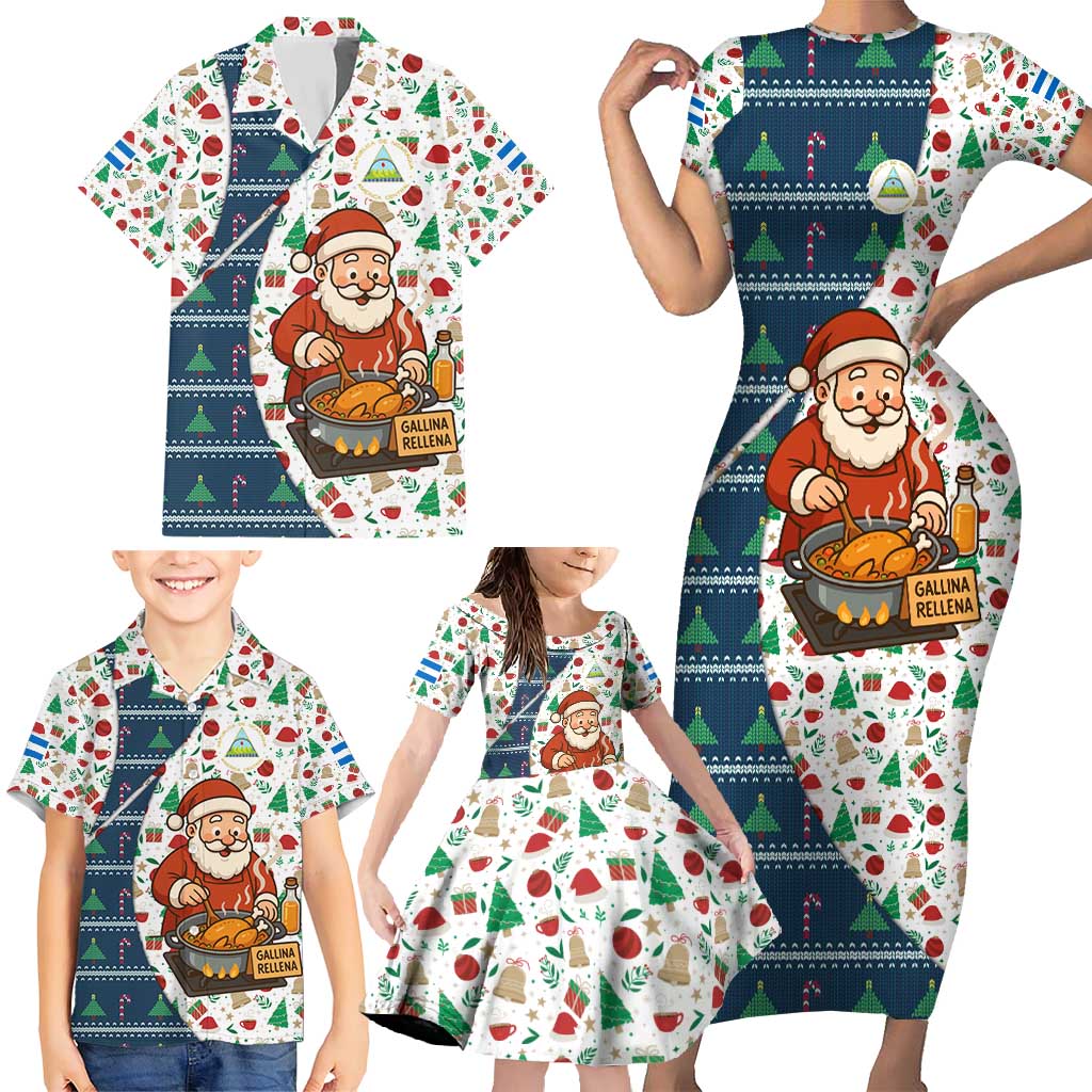 Nicaragua Christmas Family Matching Short Sleeve Bodycon Dress and Hawaiian Shirt with Santa Cooking Gallina Rellena Tree Flag and Festive Icons Design - Wonder Print Shop