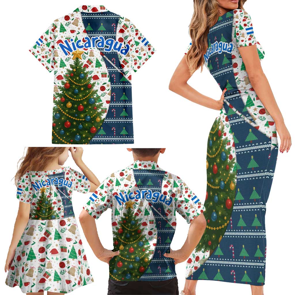 Nicaragua Christmas Family Matching Short Sleeve Bodycon Dress and Hawaiian Shirt with Santa Cooking Gallina Rellena Tree Flag and Festive Icons Design - Wonder Print Shop