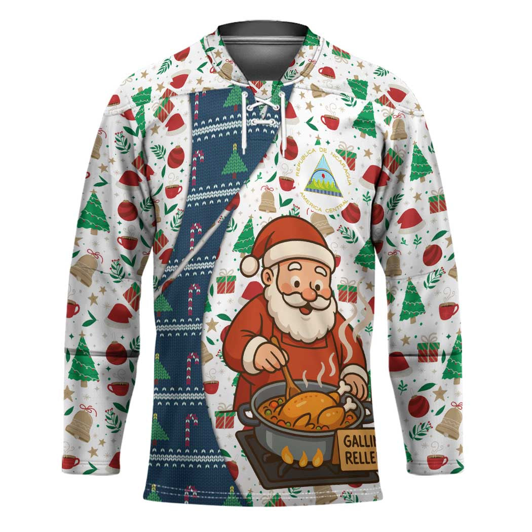Nicaragua Christmas Hockey Jersey with Santa Cooking Gallina Rellena Tree Flag and Festive Icons Design - Wonder Print Shop