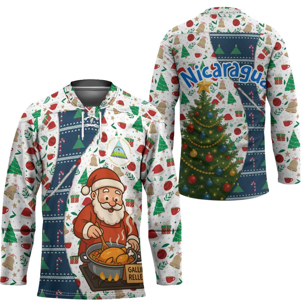Nicaragua Christmas Hockey Jersey with Santa Cooking Gallina Rellena Tree Flag and Festive Icons Design - Wonder Print Shop