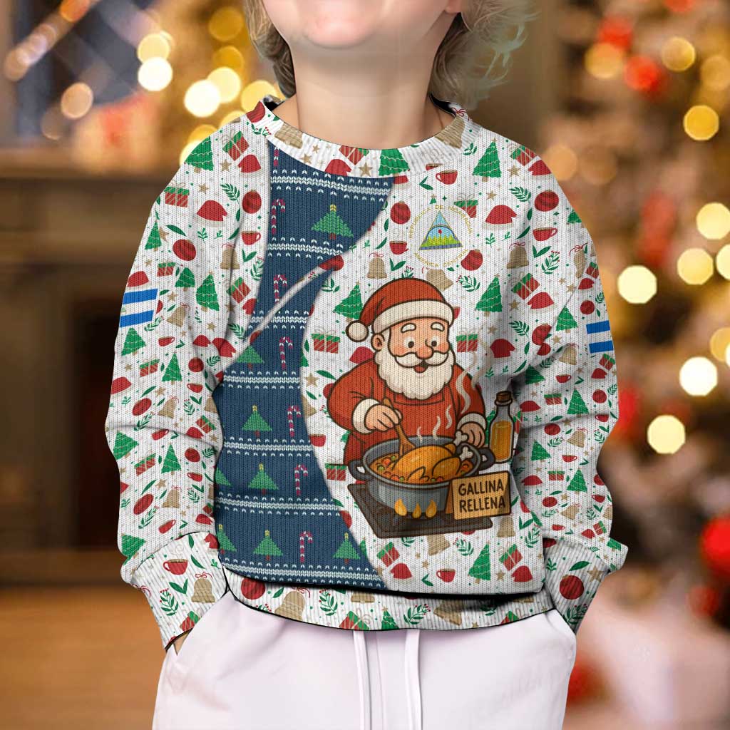 Nicaragua Christmas Kid Ugly Christmas Sweater with Santa Cooking Gallina Rellena Tree Flag and Festive Icons Design - Wonder Print Shop