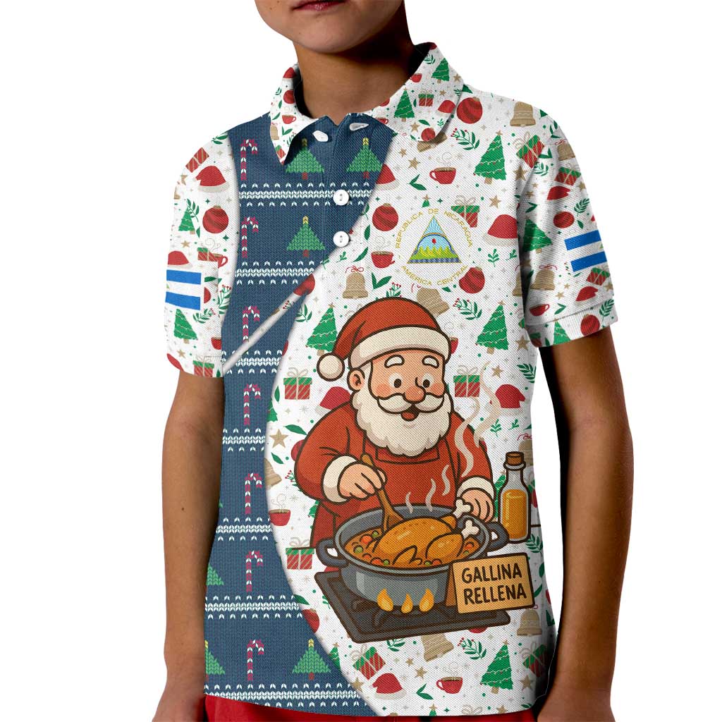 Nicaragua Christmas Kid Polo Shirt with Santa Cooking Gallina Rellena Tree Flag and Festive Icons Design - Wonder Print Shop