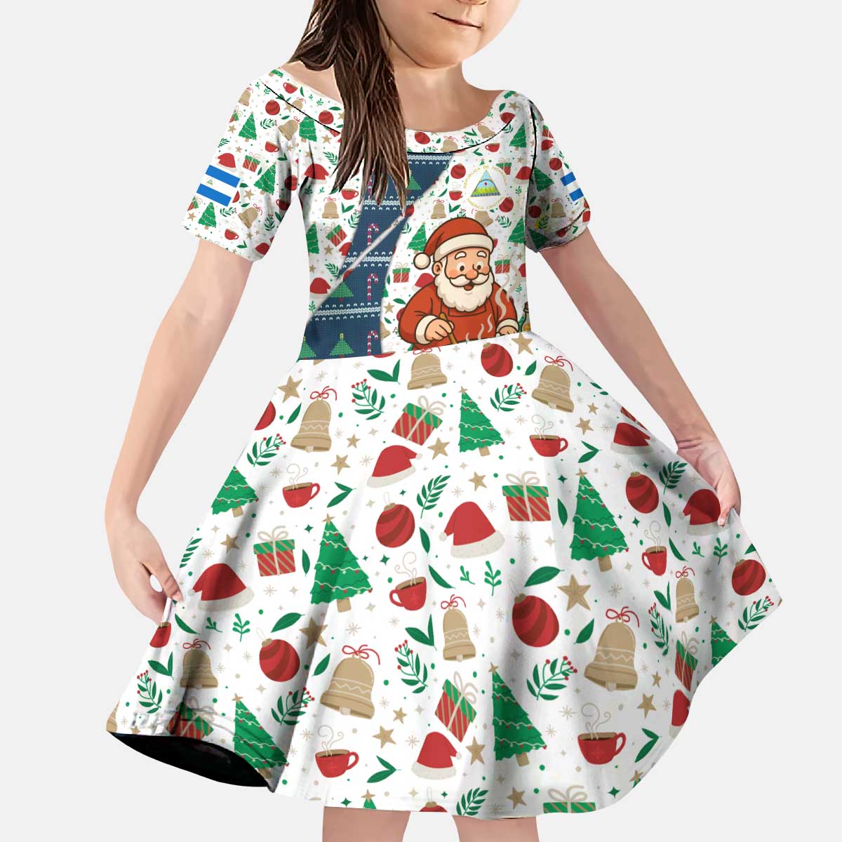 Nicaragua Christmas Kid Short Sleeve Dress with Santa Cooking Gallina Rellena Tree Flag and Festive Icons Design - Wonder Print Shop