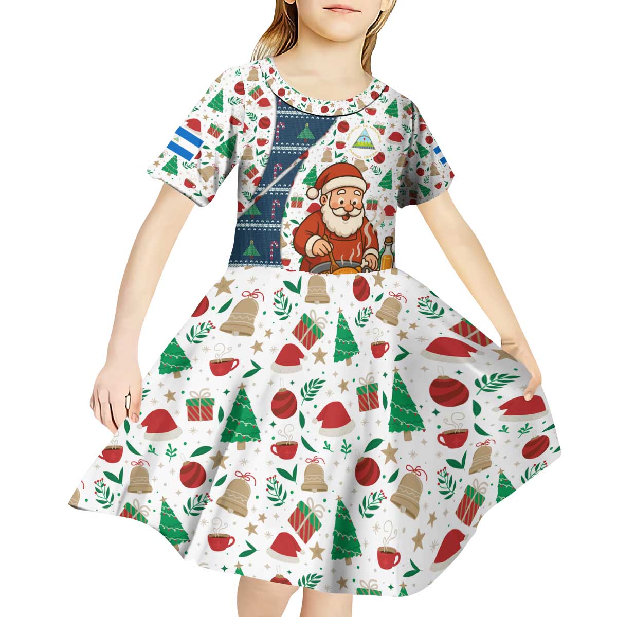 Nicaragua Christmas Kid Short Sleeve Dress with Santa Cooking Gallina Rellena Tree Flag and Festive Icons Design - Wonder Print Shop