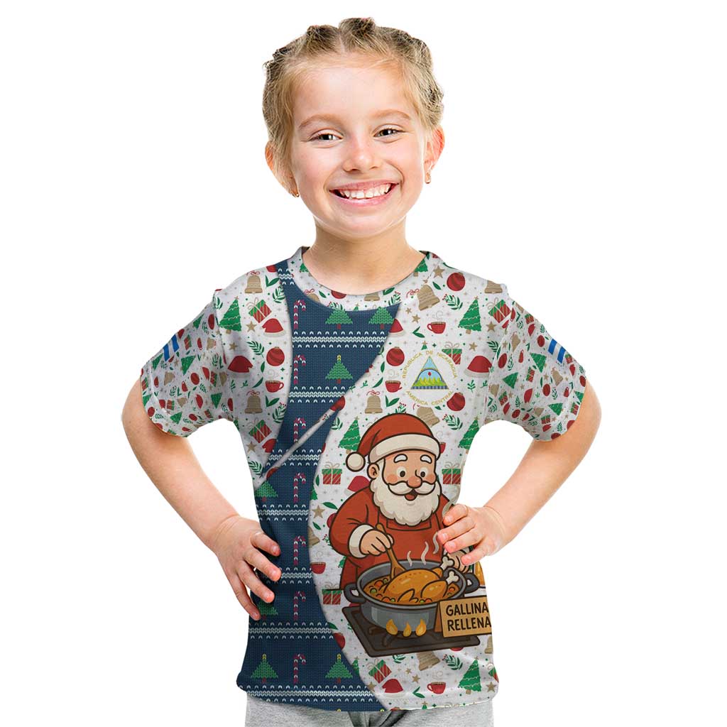 Nicaragua Christmas Kid T Shirt with Santa Cooking Gallina Rellena Tree Flag and Festive Icons Design - Wonder Print Shop