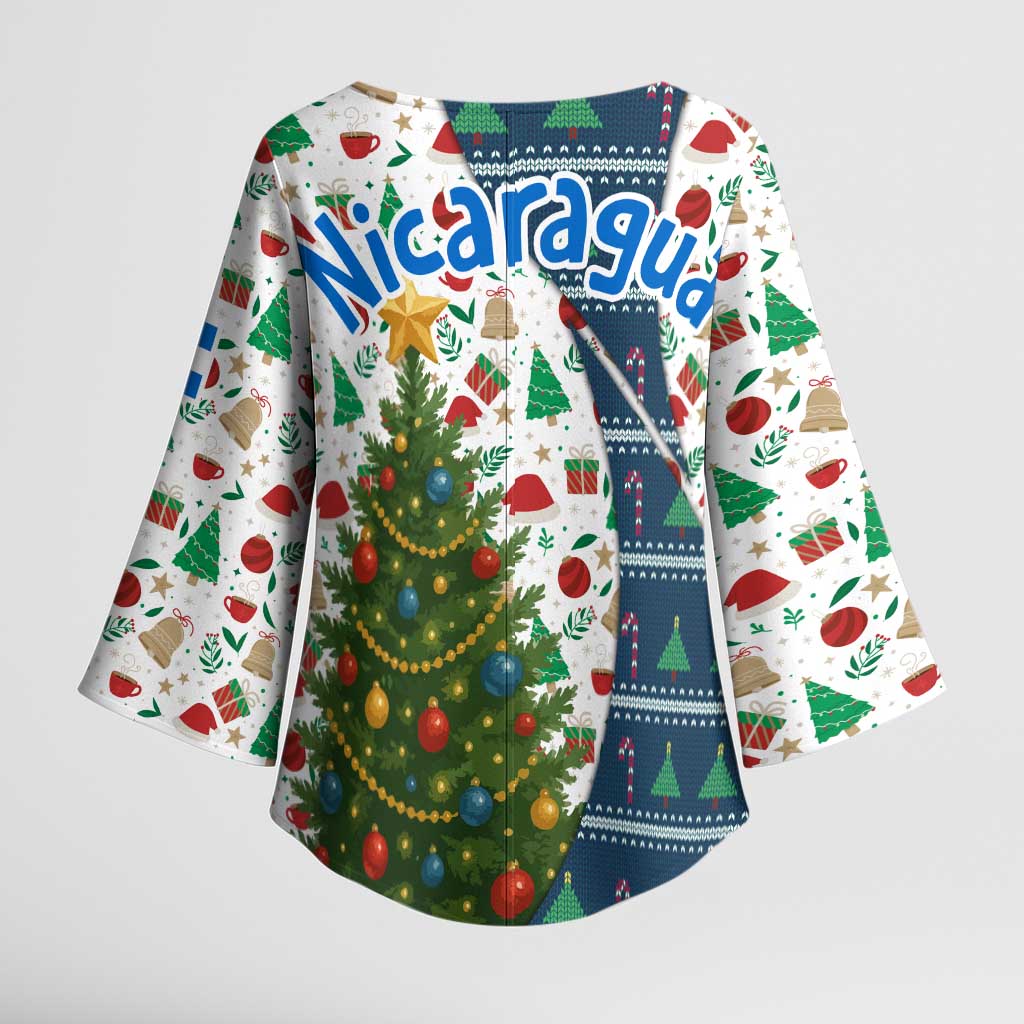 Nicaragua Christmas Kimono Sleeve Blouse with Santa Cooking Gallina Rellena Tree Flag and Festive Icons Design - Wonder Print Shop