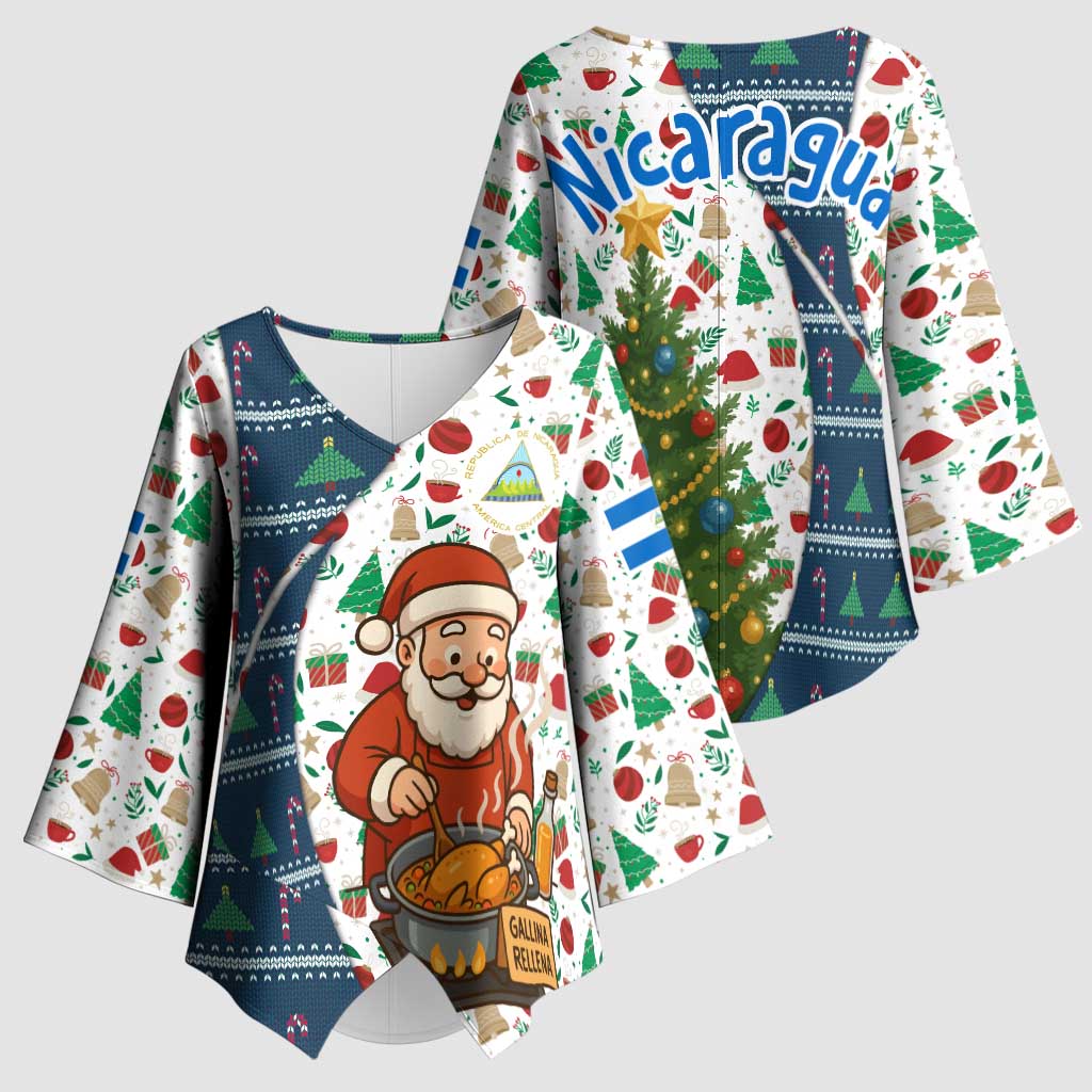 Nicaragua Christmas Kimono Sleeve Blouse with Santa Cooking Gallina Rellena Tree Flag and Festive Icons Design - Wonder Print Shop