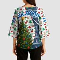 Nicaragua Christmas Kimono Sleeve Blouse with Santa Cooking Gallina Rellena Tree Flag and Festive Icons Design - Wonder Print Shop