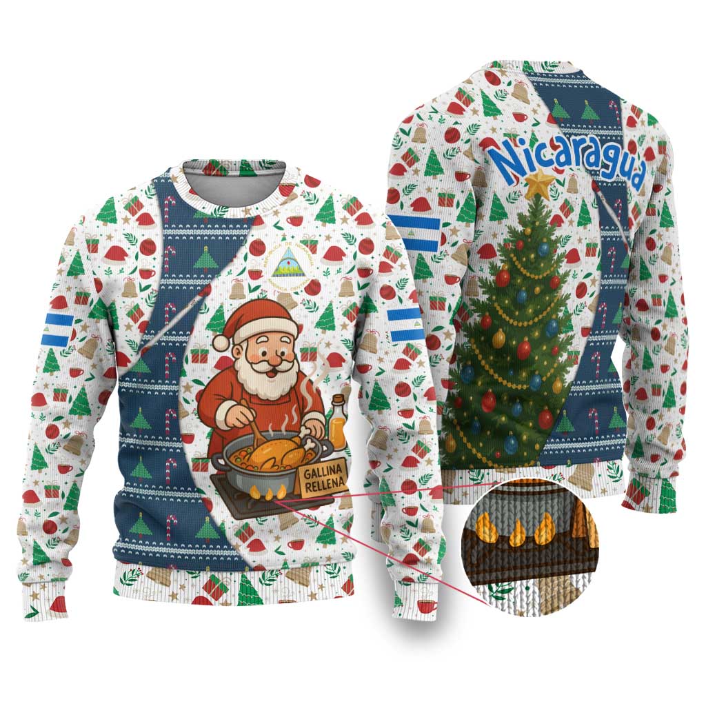 Nicaragua Christmas Ugly Christmas Sweater with Santa Cooking Gallina Rellena Tree Flag and Festive Icons Design - Wonder Print Shop