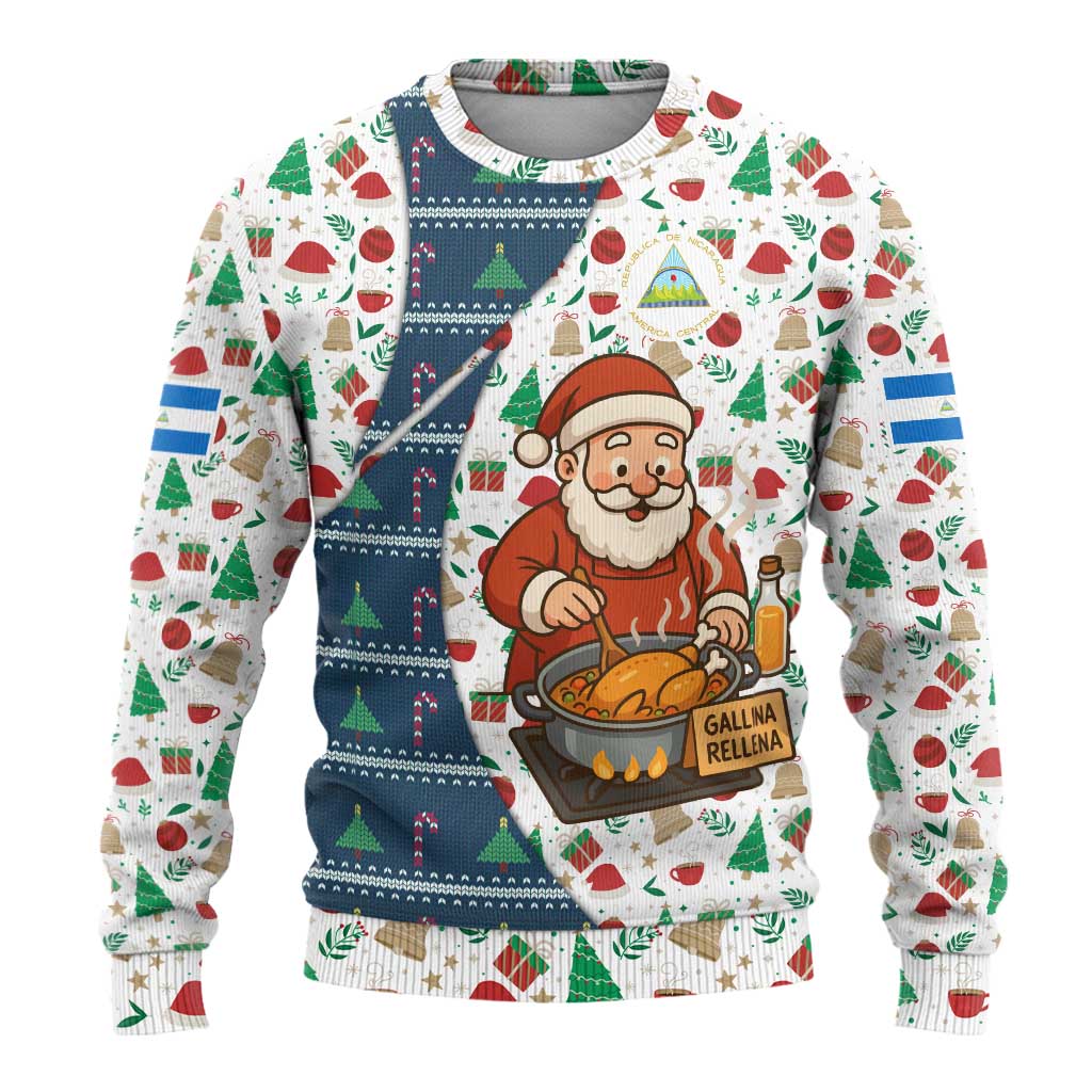 Nicaragua Christmas Ugly Christmas Sweater with Santa Cooking Gallina Rellena Tree Flag and Festive Icons Design - Wonder Print Shop