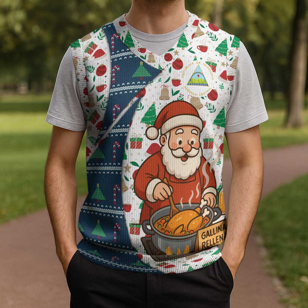 Nicaragua Christmas Knitted V-Neck Vest with Santa Cooking Gallina Rellena Tree Flag and Festive Icons Design - Wonder Print Shop