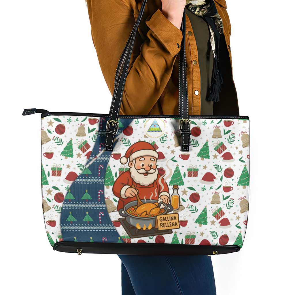 Nicaragua Christmas Leather Tote Bag with Santa Cooking Gallina Rellena Tree Flag and Festive Icons Design - Wonder Print Shop
