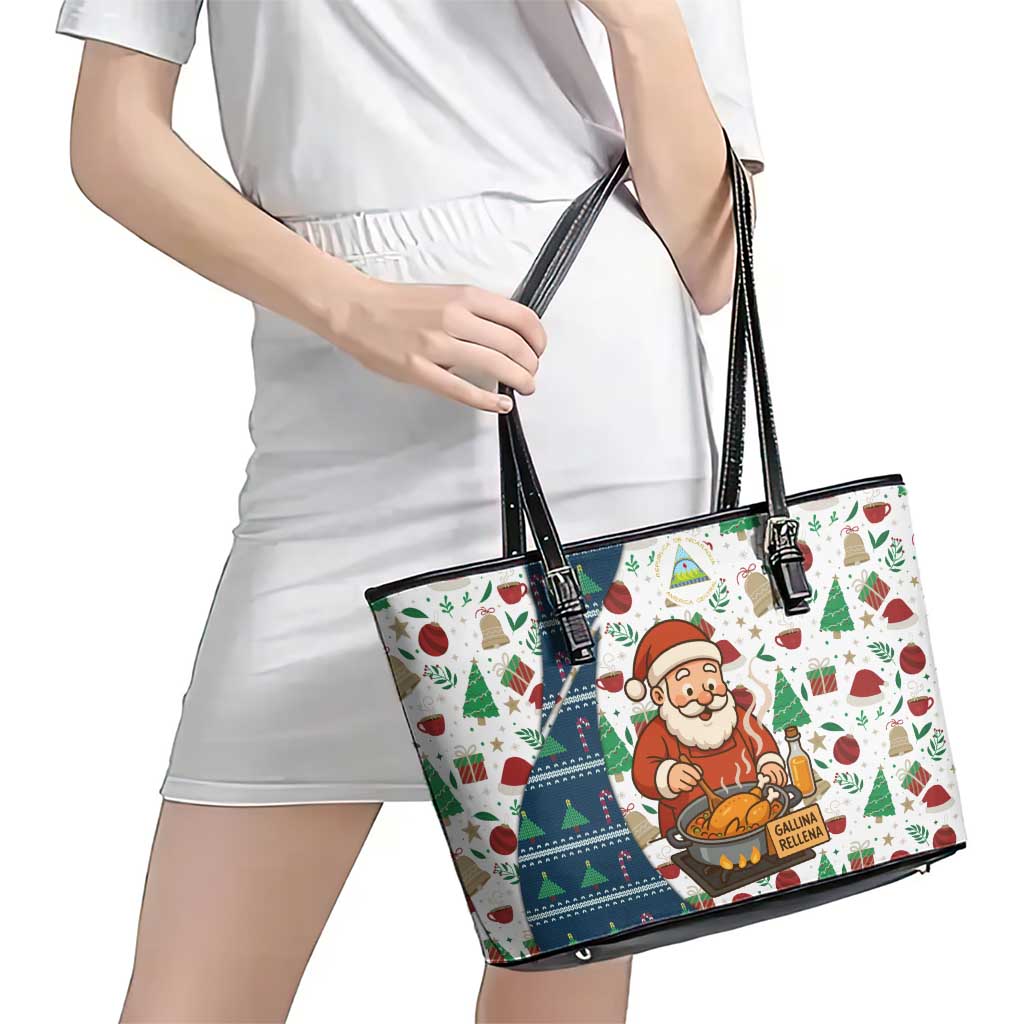 Nicaragua Christmas Leather Tote Bag with Santa Cooking Gallina Rellena Tree Flag and Festive Icons Design - Wonder Print Shop