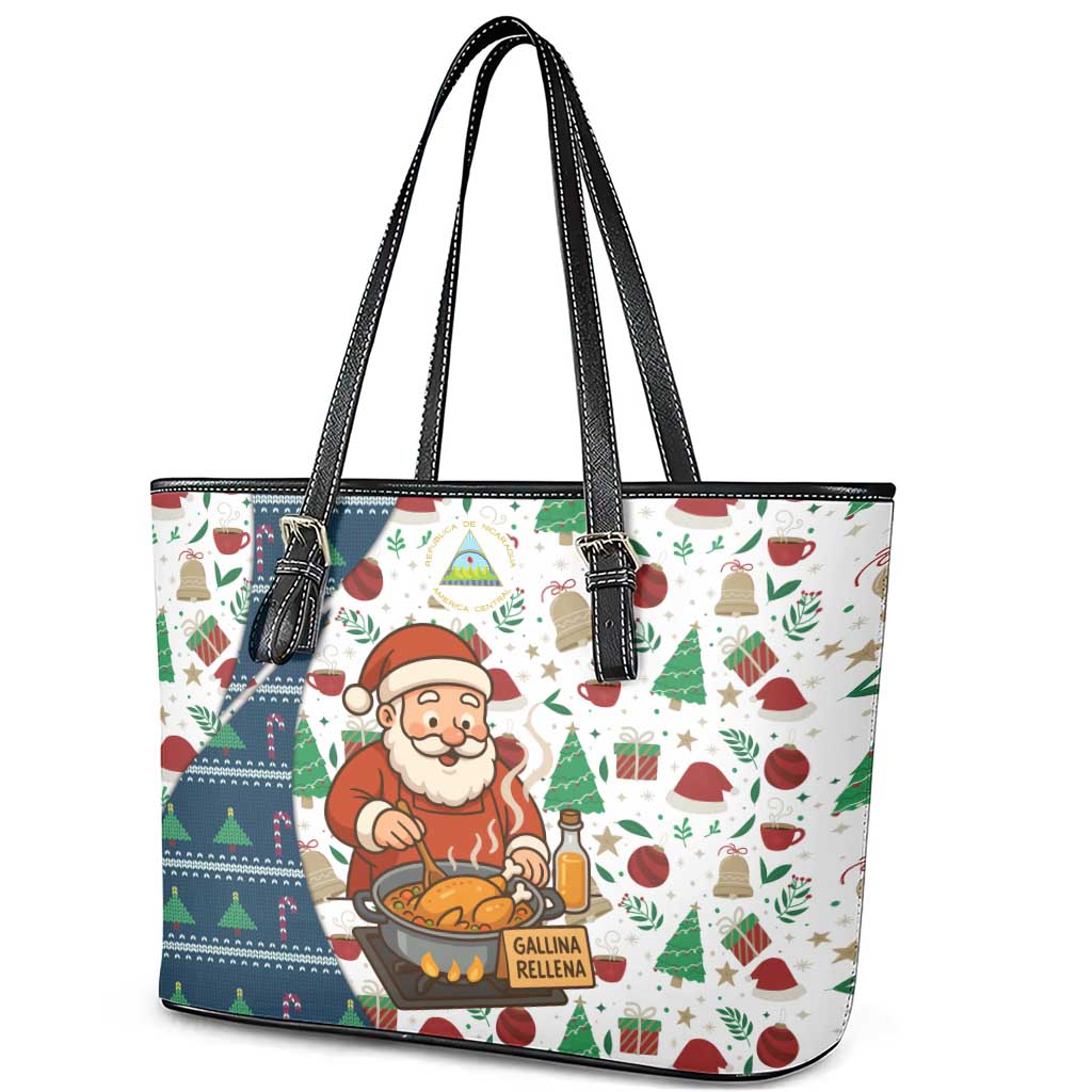 Nicaragua Christmas Leather Tote Bag with Santa Cooking Gallina Rellena Tree Flag and Festive Icons Design - Wonder Print Shop