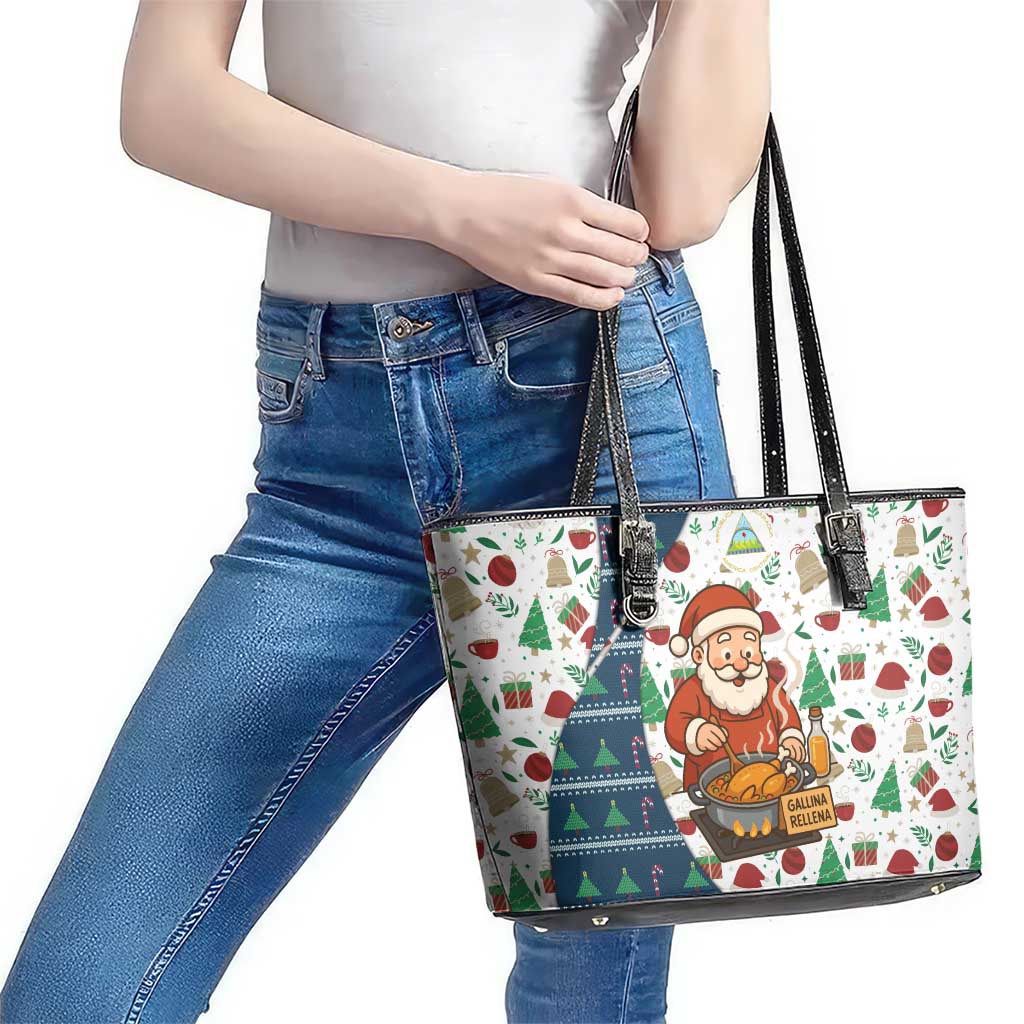 Nicaragua Christmas Leather Tote Bag with Santa Cooking Gallina Rellena Tree Flag and Festive Icons Design - Wonder Print Shop