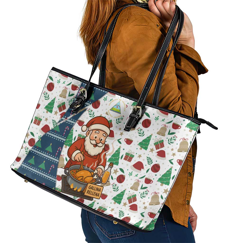 Nicaragua Christmas Leather Tote Bag with Santa Cooking Gallina Rellena Tree Flag and Festive Icons Design - Wonder Print Shop