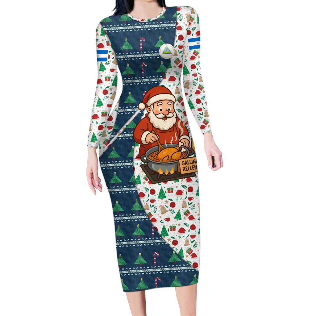 Nicaragua Christmas Long Sleeve Bodycon Dress with Santa Cooking Gallina Rellena Tree Flag and Festive Icons Design - Wonder Print Shop