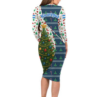 Nicaragua Christmas Long Sleeve Bodycon Dress with Santa Cooking Gallina Rellena Tree Flag and Festive Icons Design - Wonder Print Shop