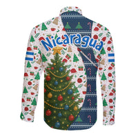 Nicaragua Christmas Long Sleeve Button Shirt with Santa Cooking Gallina Rellena Tree Flag and Festive Icons Design - Wonder Print Shop