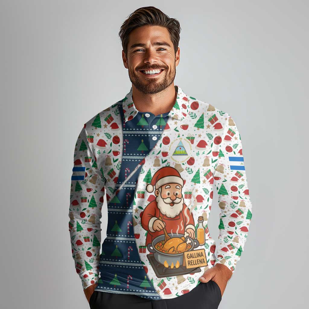 Nicaragua Christmas Long Sleeve Polo Shirt with Santa Cooking Gallina Rellena Tree Flag and Festive Icons Design - Wonder Print Shop