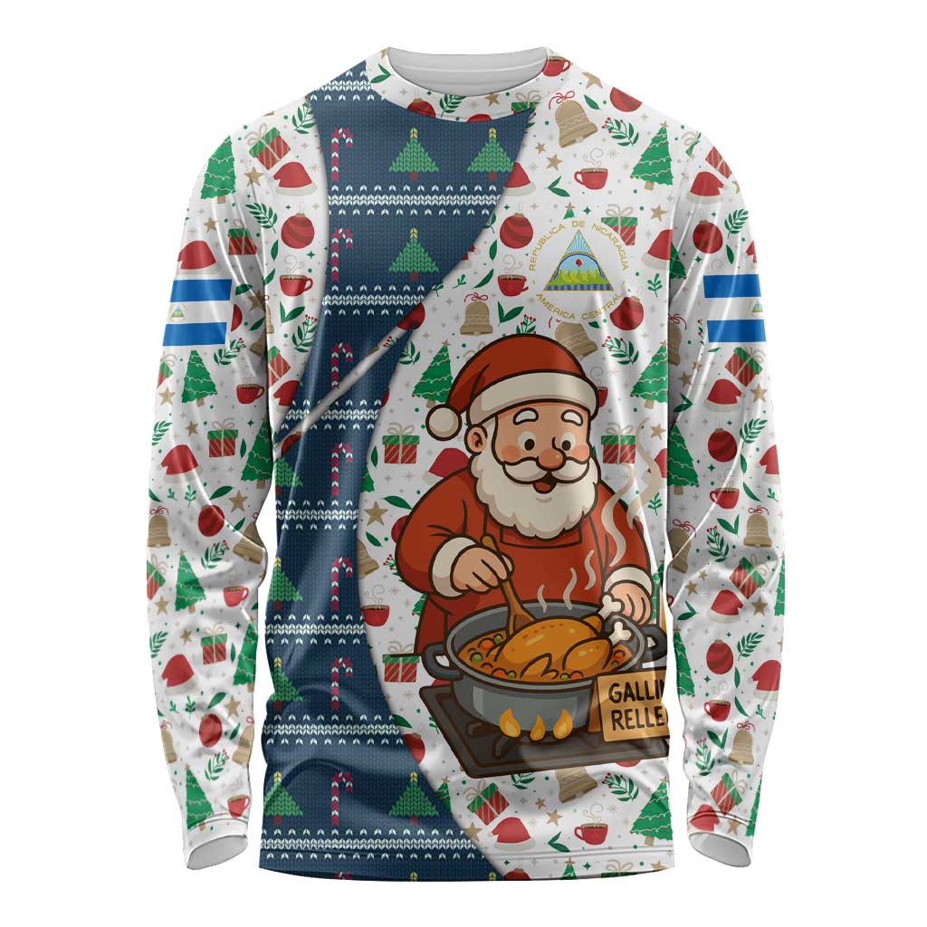 Nicaragua Christmas Long Sleeve Shirt with Santa Cooking Gallina Rellena Tree Flag and Festive Icons Design - Wonder Print Shop