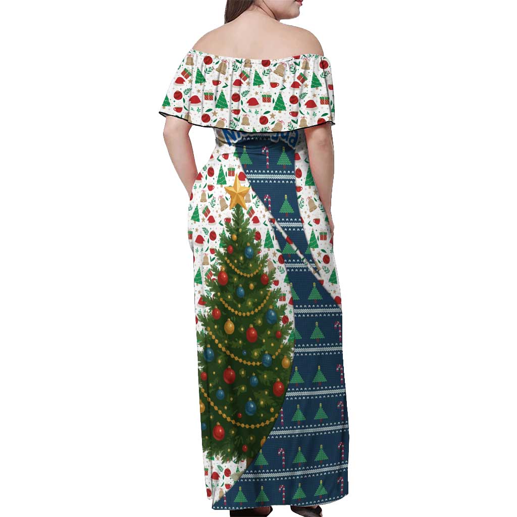 Nicaragua Christmas Off Shoulder Maxi Dress with Santa Cooking Gallina Rellena Tree Flag and Festive Icons Design - Wonder Print Shop