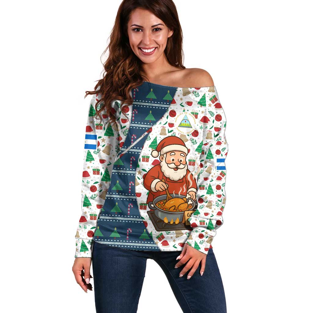 Nicaragua Christmas Off Shoulder Sweater with Santa Cooking Gallina Rellena Tree Flag and Festive Icons Design - Wonder Print Shop