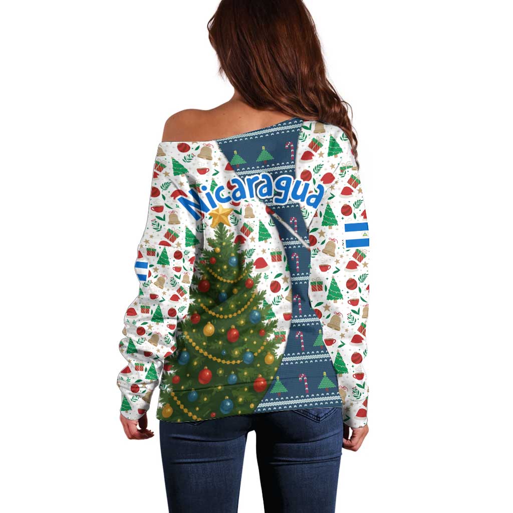 Nicaragua Christmas Off Shoulder Sweater with Santa Cooking Gallina Rellena Tree Flag and Festive Icons Design - Wonder Print Shop