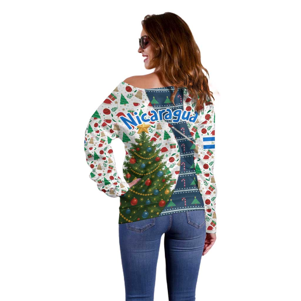 Nicaragua Christmas Off Shoulder Sweater with Santa Cooking Gallina Rellena Tree Flag and Festive Icons Design - Wonder Print Shop