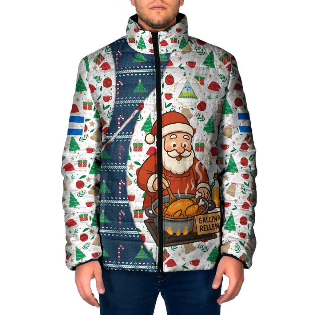 Nicaragua Christmas Padded Jacket with Santa Cooking Gallina Rellena Tree Flag and Festive Icons Design - Wonder Print Shop