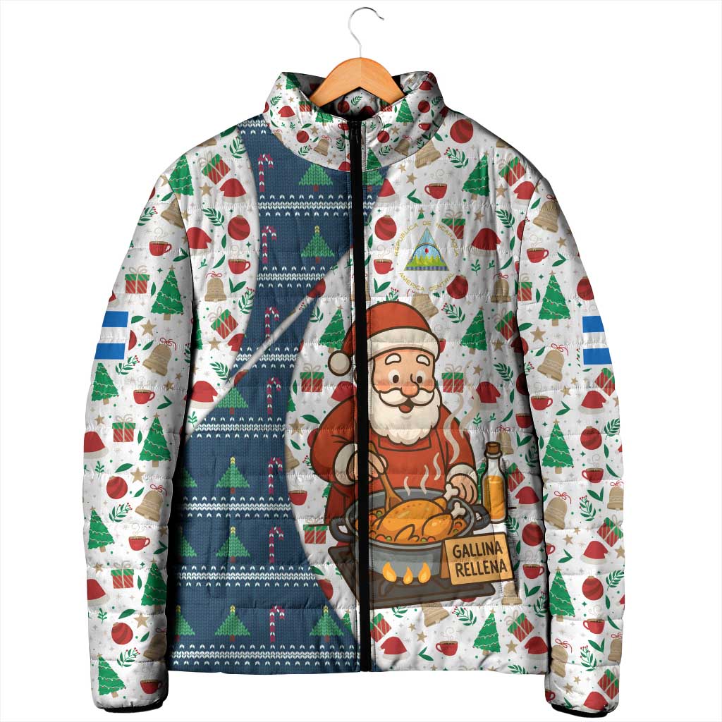 Nicaragua Christmas Padded Jacket with Santa Cooking Gallina Rellena Tree Flag and Festive Icons Design - Wonder Print Shop