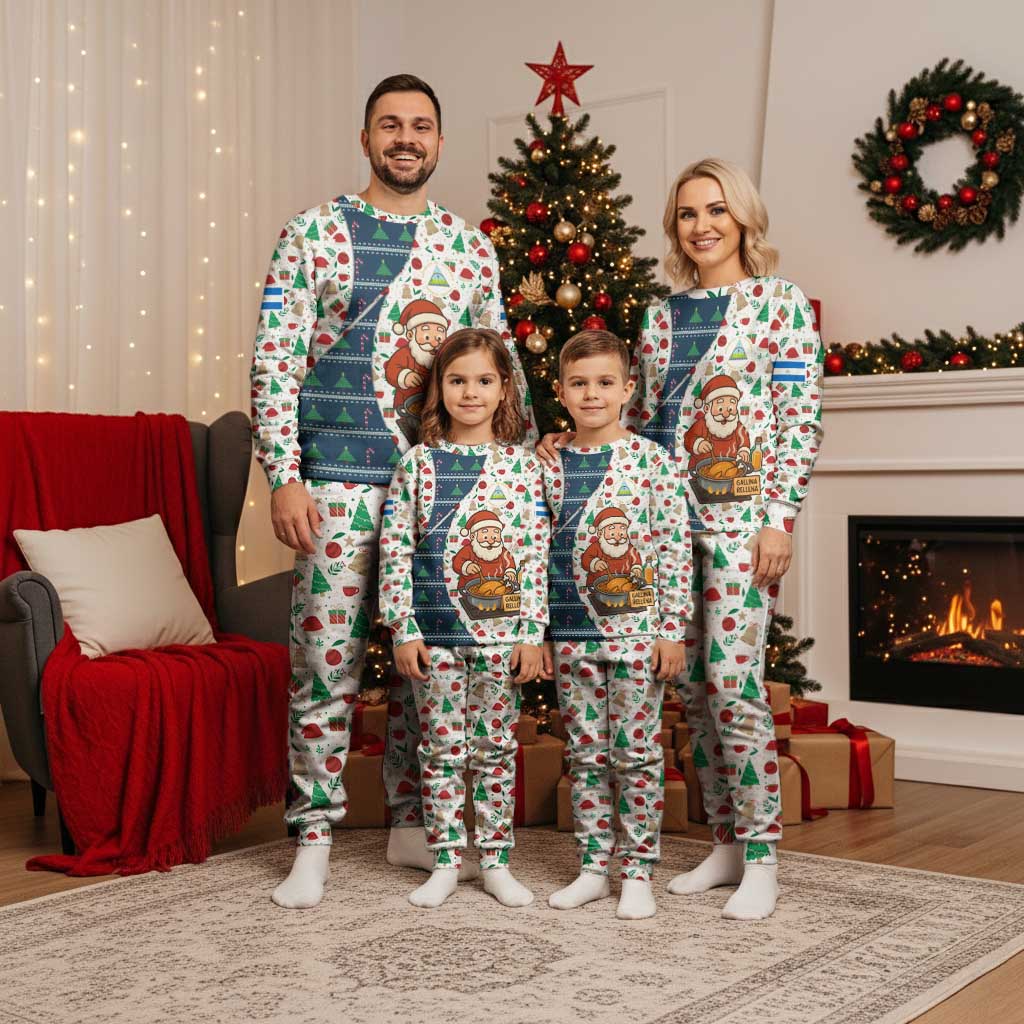 Nicaragua Christmas Pajama Set with Santa Cooking Gallina Rellena Tree Flag and Festive Icons Design - Wonder Print Shop