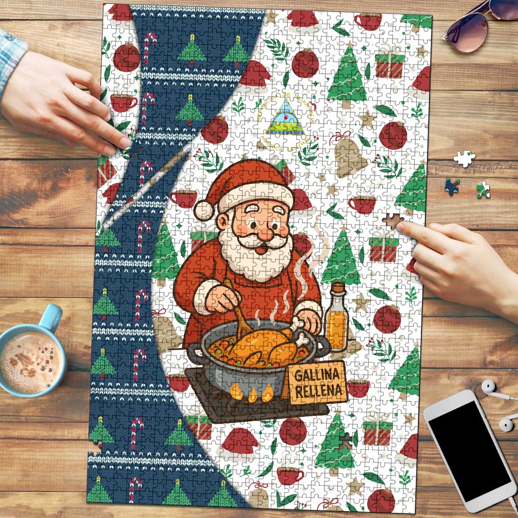 Nicaragua Christmas Puzzle with Santa Cooking Gallina Rellena Tree Flag and Festive Icons Design - Wonder Print Shop